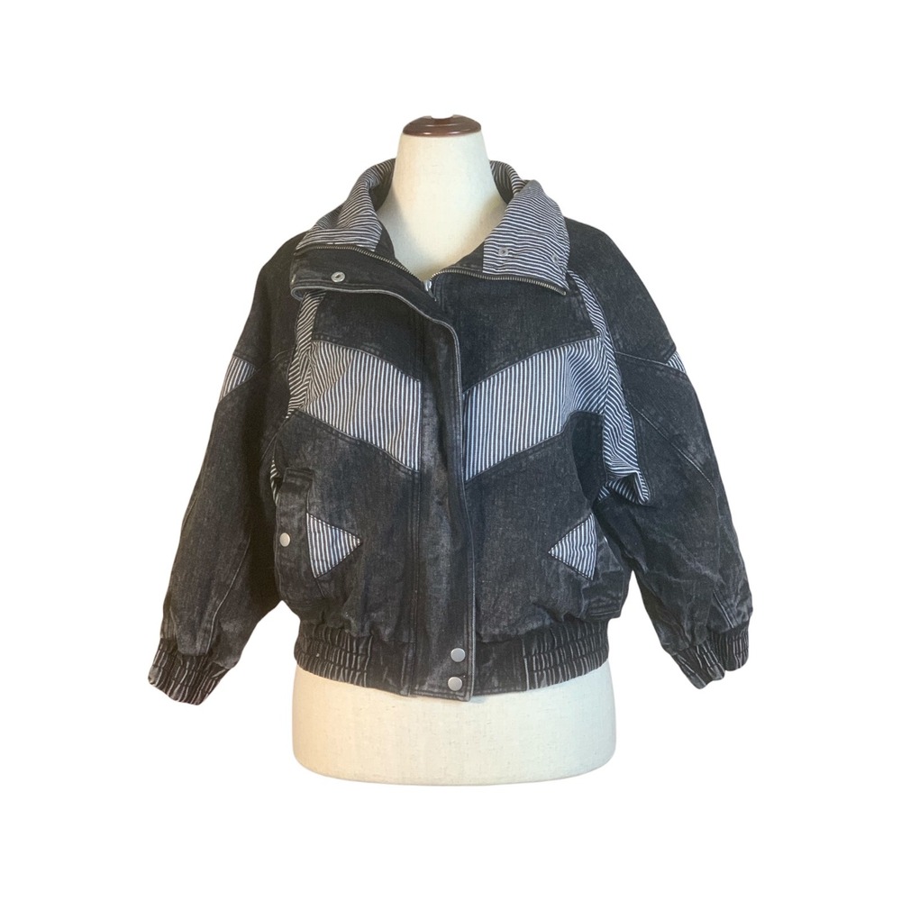 Forever 21 Acid Wash Denim Bomber Jacket Patchwork Black Striped Retro Medium